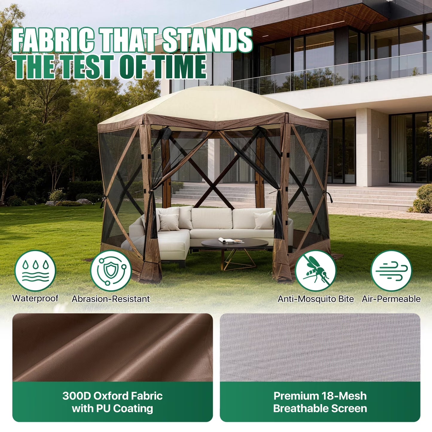 Clouddwell 10x10 FT Outdoor Pop-up Gazebo Tent, 6-Sided Screen Room with Waterproof UV-Blocking Canopy, Includes Carry Bag, Stakes & Ropes, Brown