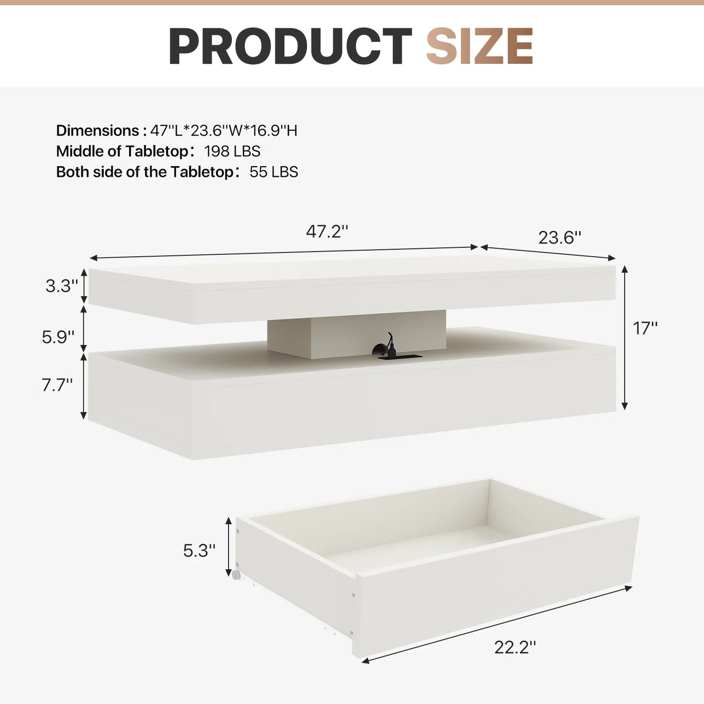 Sonegra 47" High-Glossy LED Coffee Table, Storage Coffee Table with 2 Sliding Drawers for Living Room, Modern Stylish Double-Layer Center Tables with LED Lights, White