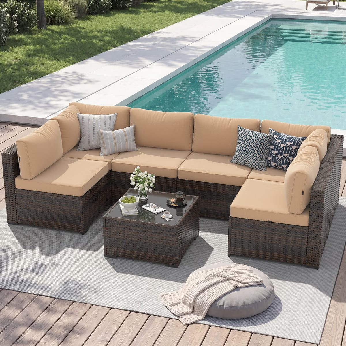 Sunmthink 7-Piece Wicker Patio Furniture Sets, Outdoor Conversation Set with 4 Inches Thick Cushions and Coffee Table