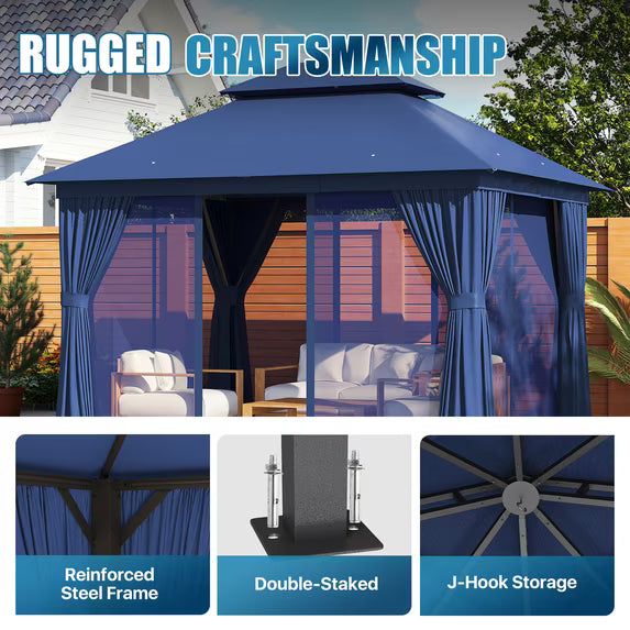 Sunmthink Outdoor Gazebo for Patio 10'x12', Metal Frame Canopy with Double Roofs, Heavy Duty Party Tent and Shelter with Mosquito Netting and Privacy Screen for Backyard,Garden,Deck (Blue)
