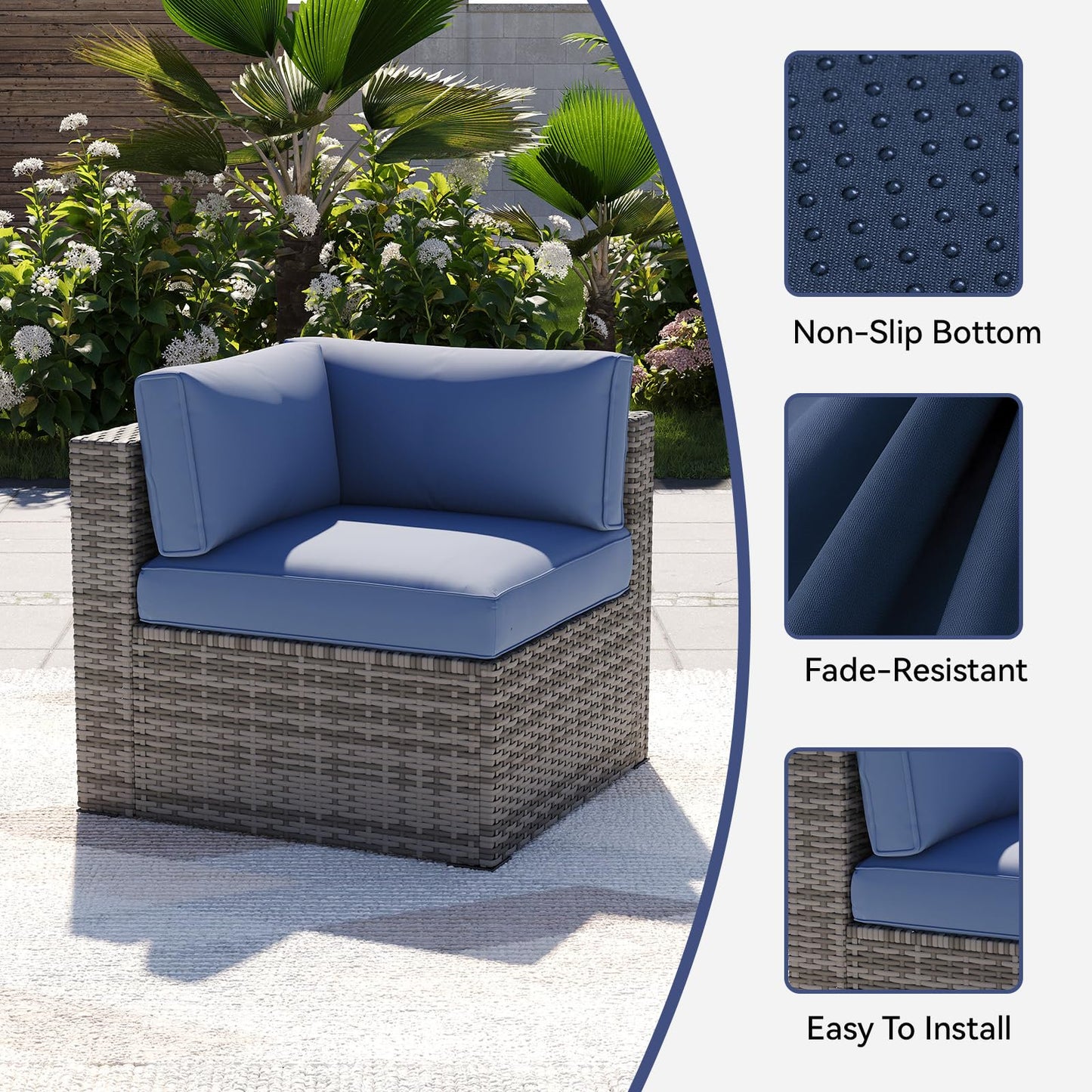 Clouddwell 14-Piece Outdoor Cushion Covers Replacement for 6-Seat Wicker Sectional-Waterproof, Non-Slip Bottom (Navy Blue)