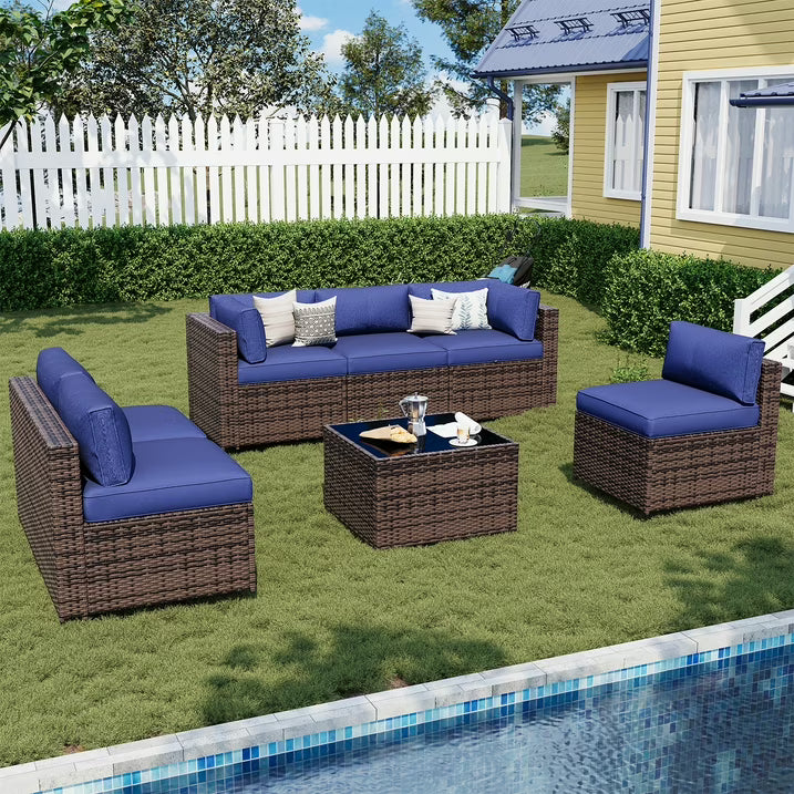 Sunmthink 7-Piece Wicker Patio Furniture Sets, Outdoor Conversation Set with 4 Inches Thick Cushions and Waterproof Cover