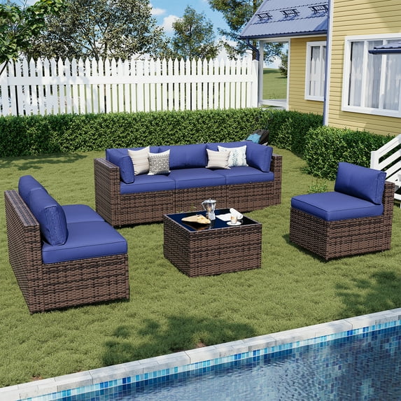 Sunmthink Patio Furniture Sets, 7-Piece Outdoor Patio Furniture with Thick Cushions, Wicker Outdoor Conversation Set and Waterproof Cover for Backyard, Poolside, Garden