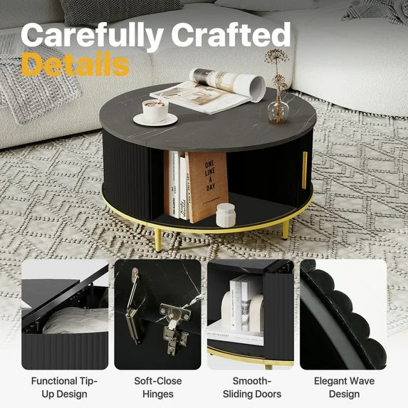 Sonegra Mid-Century Modern Round Coffee Table - Black with Sliding Door Storage for Living Room