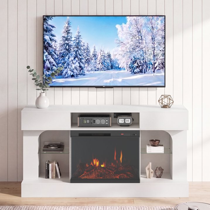 Sonegra 58 Inch Fireplace TV Stand, 3‑Sided Glass Electric Fireplace Media Console Fits Up to 65" TV, Entertainment Center with Shelves & Spacious Storage, LED Flame TV Cabinet for Living Room, White
