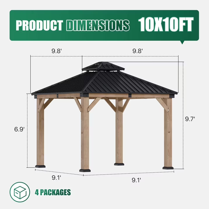 Clouddwell 10*10FT Upgraded Cedar Gazebo,Cedar Hard Roof Gazebo,with Double-Layer Galvanized Steel Roof,Suitable for Backyard,Desk,and Lawn