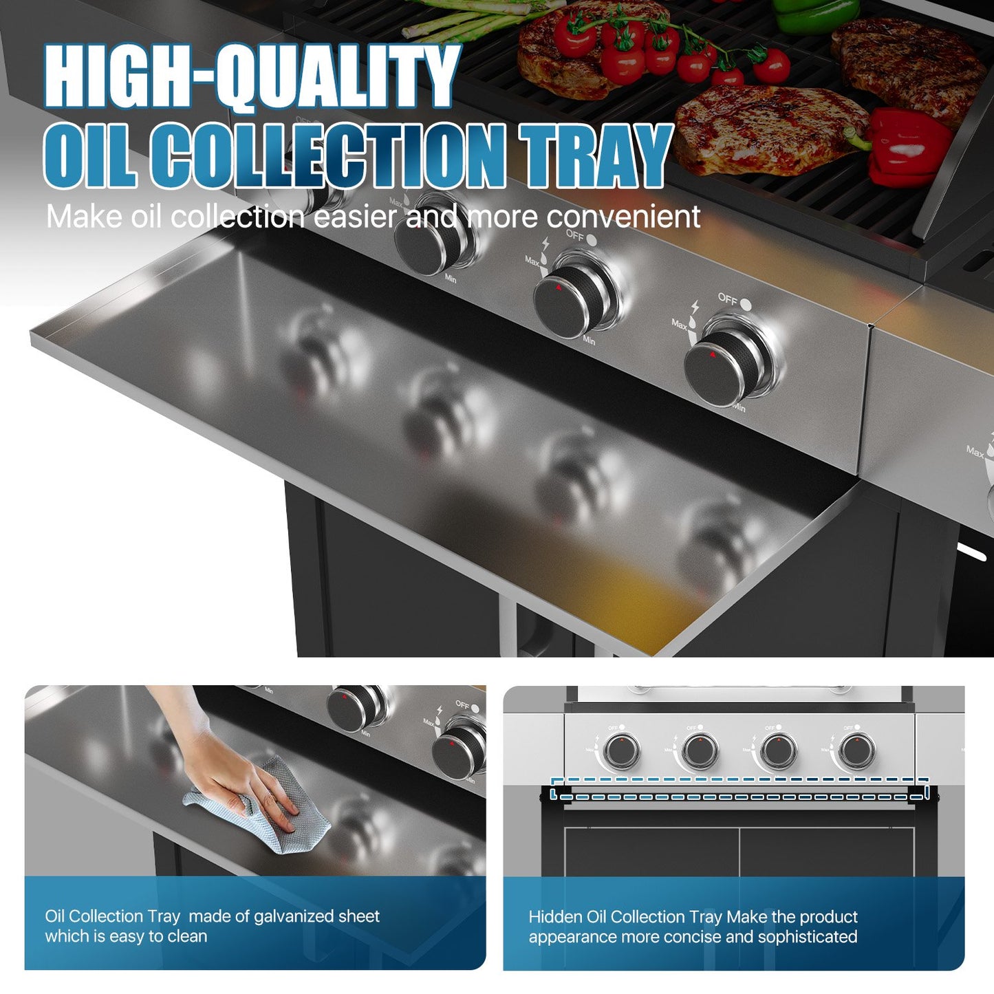 Sunmthink 4 Burner Propane Gas Grill, Stainless Steel, Built-in Thermometer, 4 Swivel Casters, and Side Table, Suitable for Camping, Outdoor Cooking, Patio, and Garden