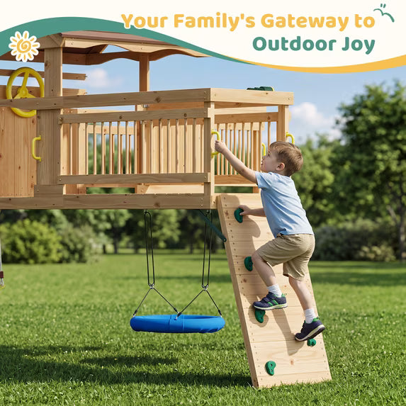 Clouddwell Wooden Swing Sets for Backyard – Outdoor Playset with Wave Slide, Raised Clubhouse, Wooden Bridge, Rock Wall, Belt Swings, Web Swing, Trapeze, Balcony, Climbing Wall & Ladder