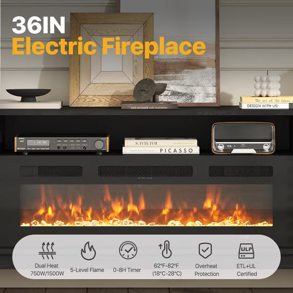 Sonegra Fireplace TV Stand with 36" Electric Fireplace, Mid Century Modern Entertainment Center with Led Lights for 80" TVs , Wood Media Console with Slatted Sliding Doors for Living Room, Black