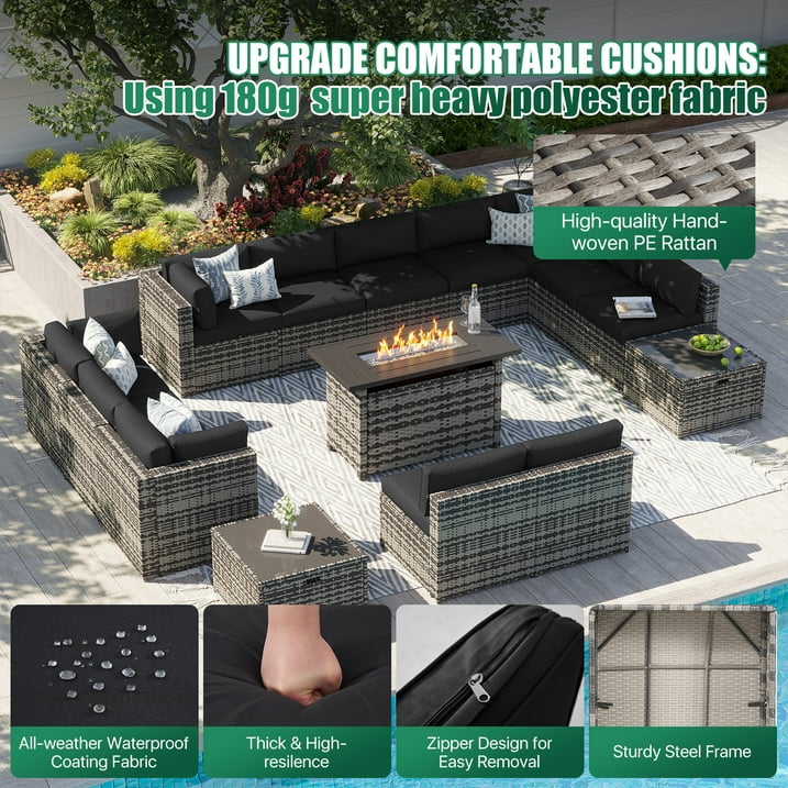 Clouddwell 15 Piece Patio Furniture Set with 44” Fire Pit Table Wicker Rattan Patio Conversation Set Outdoor Sectional Sofa Set with Coffee Table and Black Cushions(Waterproof Cover Included)