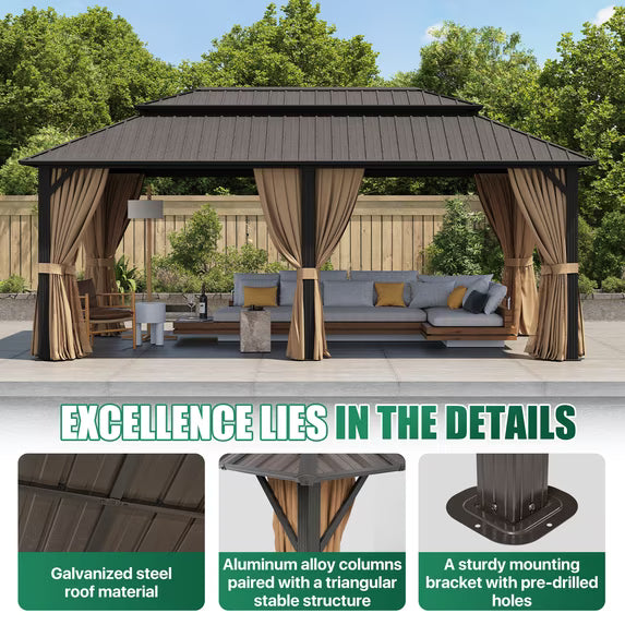Clouddwell 20' x 12' Gazebo for Patio, Gazebo Pergola with Sloped Roof, Large Wall-Mounted Heavy Duty Awnings, for Deck, Patio and Backyard,Brown