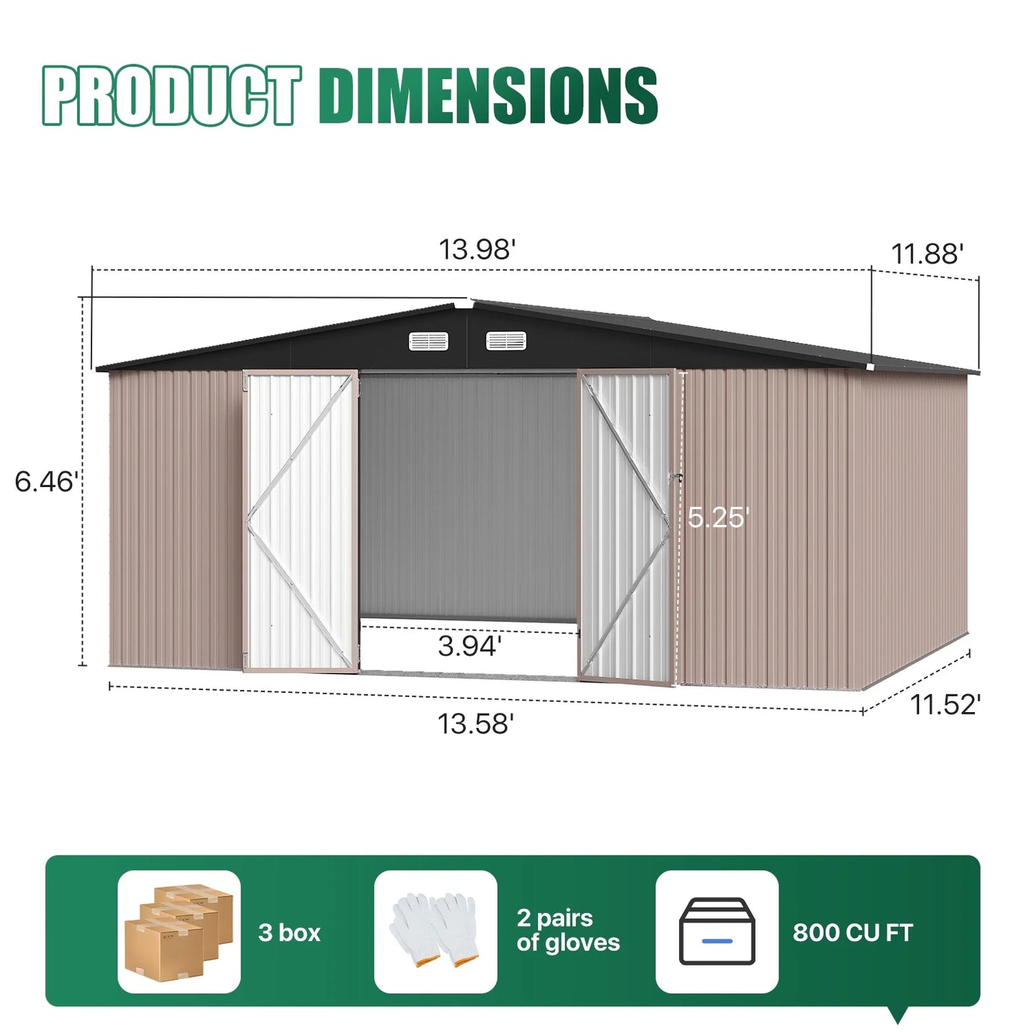Clouddwell 14 ft. x 12 ft. Outdoor Storage Shed, 800 cu. ft. Brown Steel Utility Shed with Lockable Door for Garden
