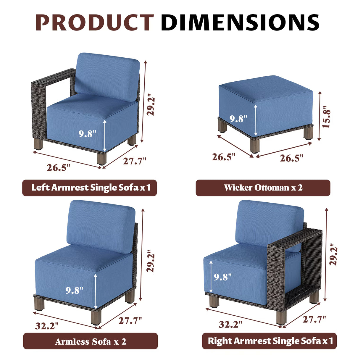 Clouddwell 6 Pieces Wicker Patio Furniture Set, Wicker Outdoor Sectional Sofa with 10 Inches Thick Cushions,Blue