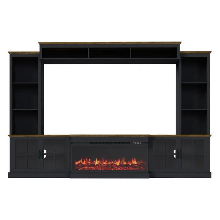Sonegra 98" Farmhouse Entertainment Center with 36" Fireplace, TV Stand, Bookshelf, Cabinet, Fits TVs up to 75", Media Console with Power Outlets and Barn Doors for Living Room, Black