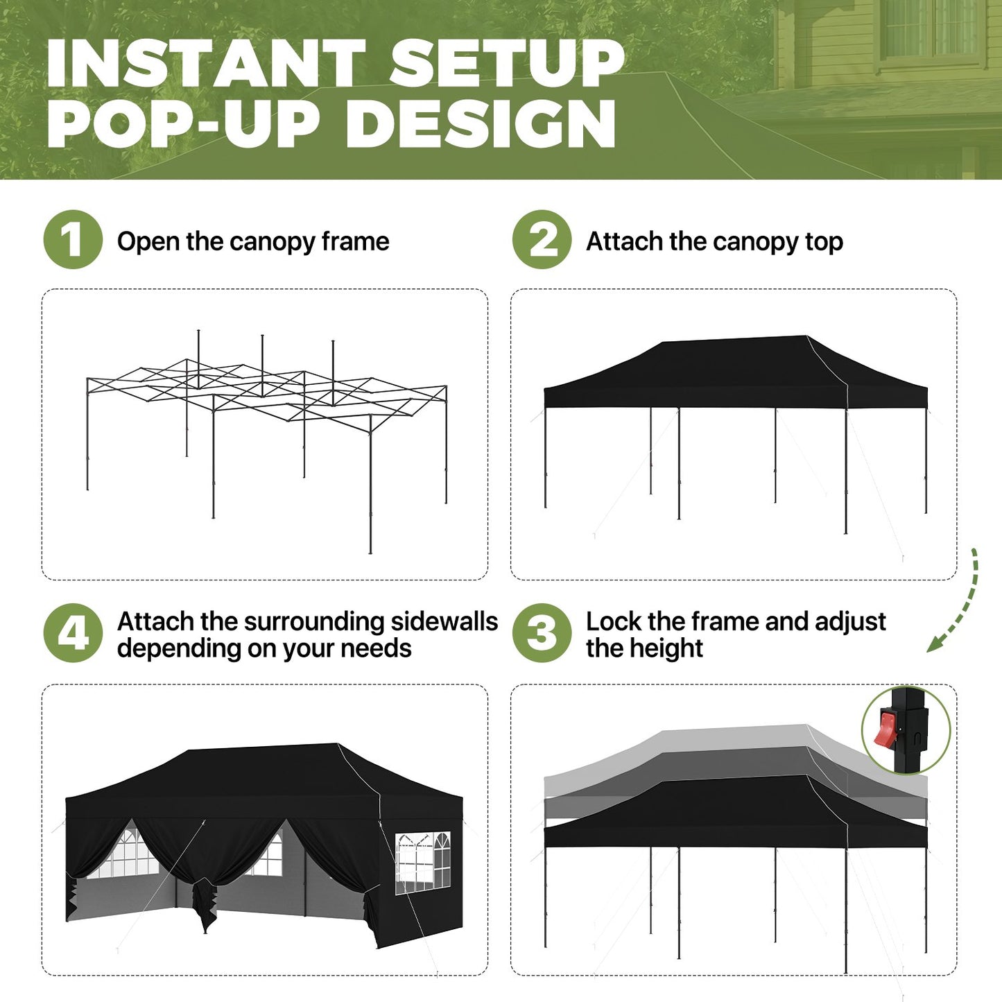Clouddwell 10'x20' Pop Up Canopy Tent with 6 Removable Sidewalls, Adjustable Height Instant Outdoor Canopy, Portable Sun Shade Shelter with 4 Sandbags, Easy Setup for Parties, Camping, Events, Black