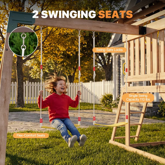 Clouddwell Wood Swing Set with Wave Slide, Play Deck, Rock Wall Ladder, Belt Swings, Chalkboard, Canopy Roof, Outdoor Playset