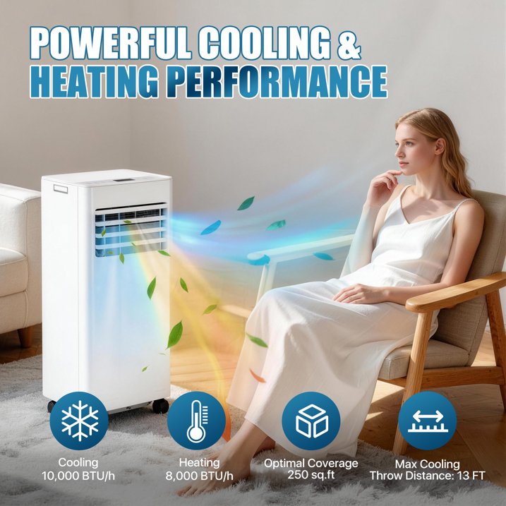 Sunmthink 10000 BTU 5-in-1 Smart Portable Air Conditioner, Standing Cooling & Heating Unit with Remote Control, Cooling, Heating, Dehumidifier & Fan Functions, 55dB Quiet Operation for Indoor Spaces