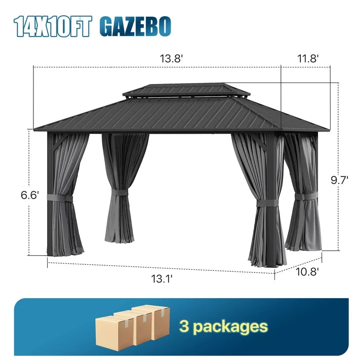 Sunmthink 10' x 14' Hardtop Gazebo with Mosquite Netting, Double Metal Roof for Lawn and Garden, Gray