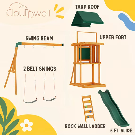 Clouddwell Backyard Wooden Swing Set – Outdoor Playground with Slide, Play Deck, Rock Wall Ladder, Belt Swings & Chalkboard