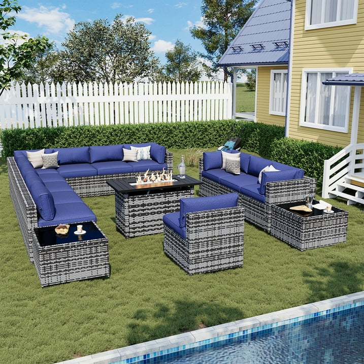 Sunmthink Patio Furniture Sets, 15-Piece Outdoor Patio Furniture with 44'' Propane Gas Firepit Table, Wicker Outdoor Conversation Set and Waterproof Cover for Backyard, Poolside, Garden
