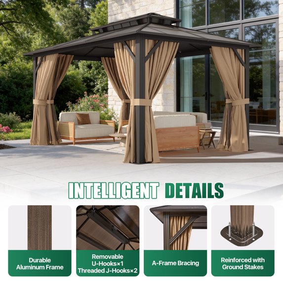 Clouddwell 10'x14' Hardtop Gazebo - Polycarbonate Double Roof with Netting & Curtains for Patio, Garden Sun Protection,Brown