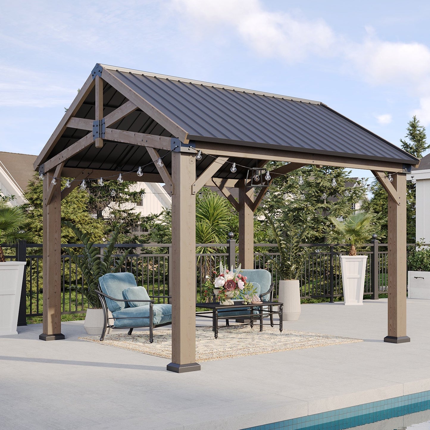 Sunmthink 10' x 12' Outdoor Wood Frame Gazebo, Hardtop Gazebo with Galvanized Steel, Permanent Wooden Pavilion for Patio Backyard Lawn Garden