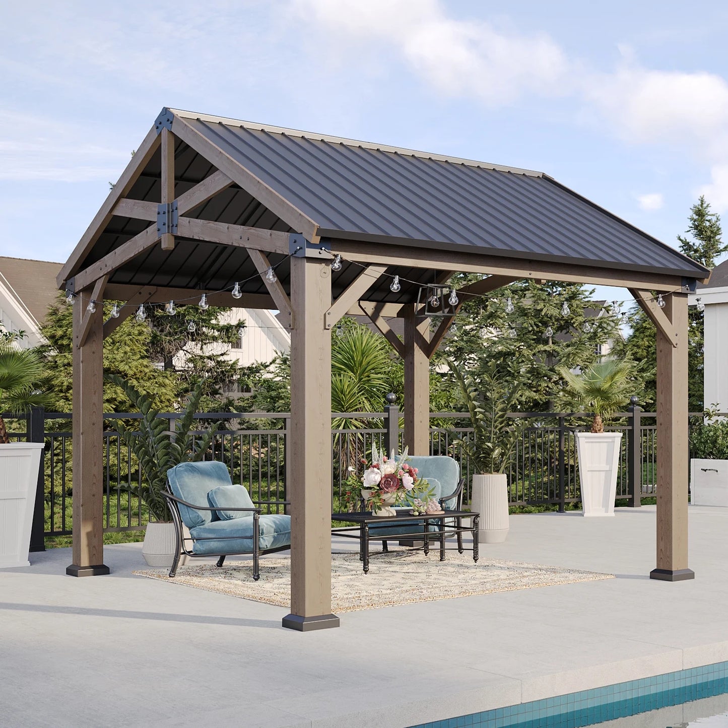 Sunmthink 10' x 12' Outdoor Wood Frame Gazebo, Hardtop Gazebo with Galvanized Steel, Permanent Wooden Pavilion for Patio Backyard Lawn Garden