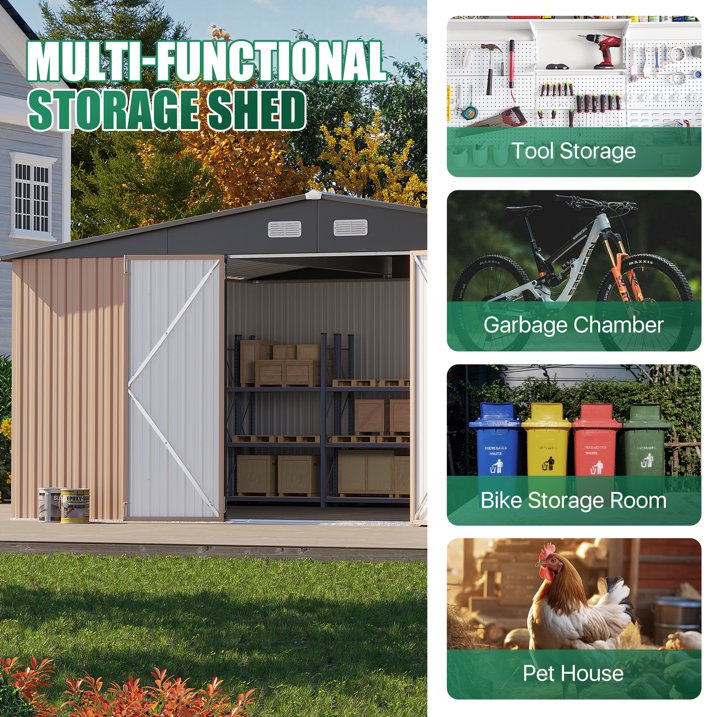 Clouddwell 14 ft. x 12 ft. Outdoor Storage Shed, 800 cu. ft. Brown Steel Utility Shed with Lockable Door for Garden