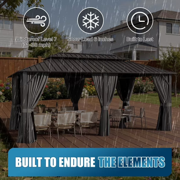 Sunmthink 12' x 20' Hardtop Gazebo with Mosquite Netting, Double Metal Roof for Lawn and Garden, Gray