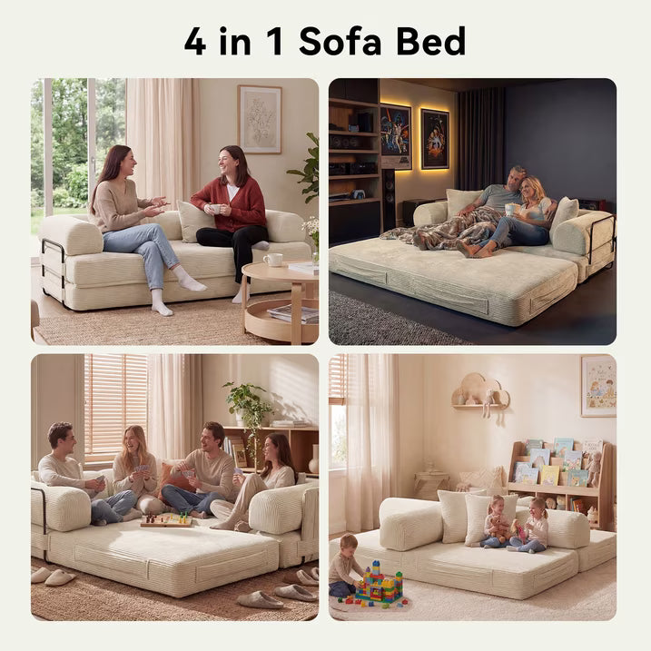 LazySunsets Sofa Bed Convertible Boneless Couch Corduroy Modular Couch Bed with Fixed-Shape Frame & Removable Armrests for Living Room, Bedroom White