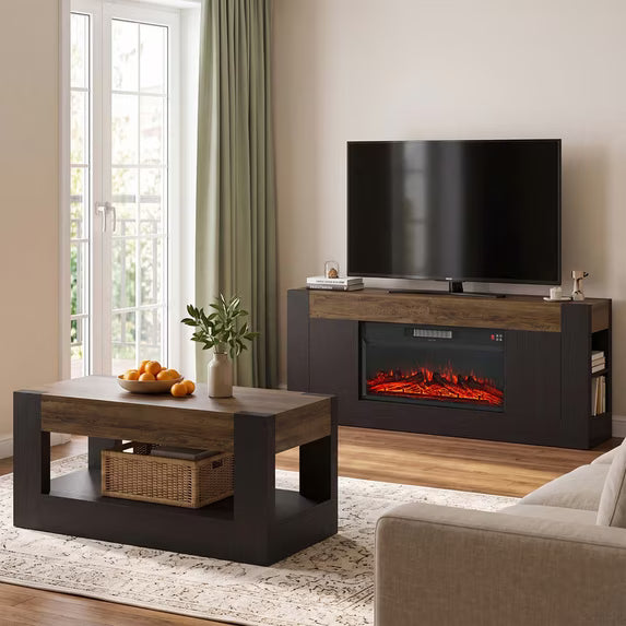 Sonergra Farmhouse Fireplace TV Stand for TVs up to 80 Inch Rustic Wood,70 Inch Electric Fireplace Entertainment Center with Drawers Cabinets and Open Storage Shelves for Living Room,Black