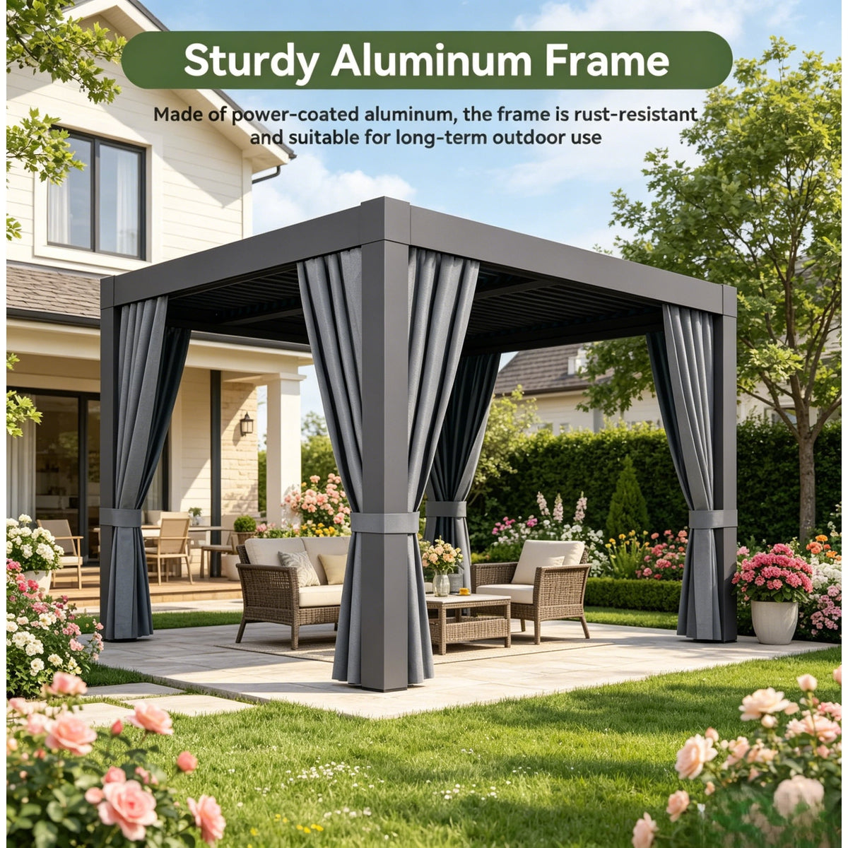 Clouddwell 12' × 16' Adjustable Louvered Pergola, Outdoor Aluminum Pergola with Curtains & Netting for Backyard, Deck & Poolside, Gray