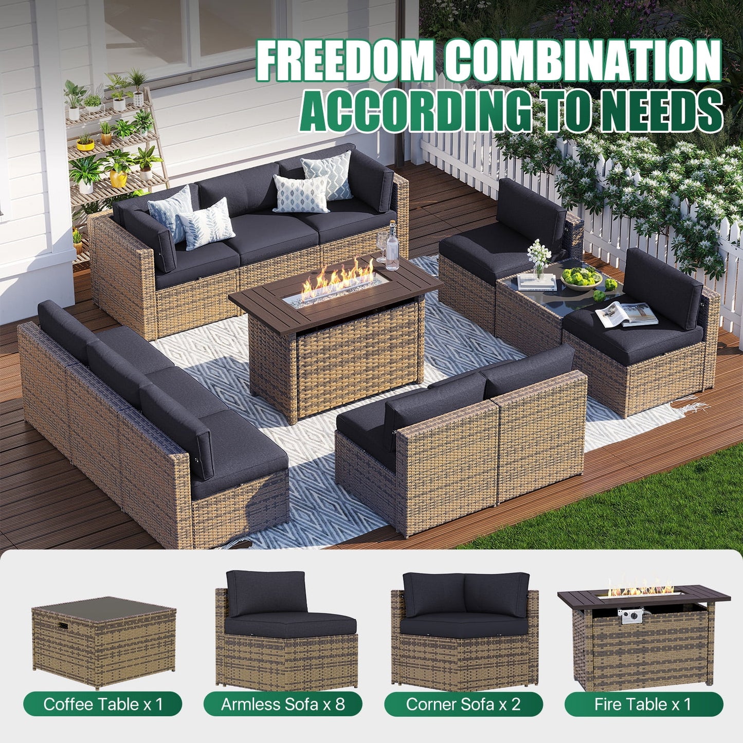 Clouddwell 12 Piece Patio Furniture Set with 44” Fire Pit Table Wicker Rattan Patio Conversation Set Outdoor Sectional Sofa Set with Coffee Table and Black Cushions(Waterproof Cover Included)