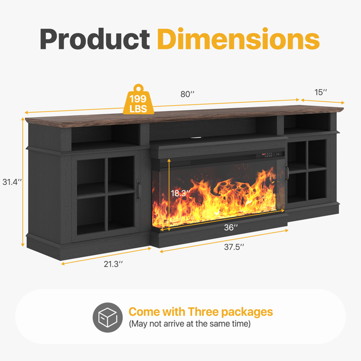 Sonegra 80 inch Fireplace TV Stand for TVs up to 90" with Electric Fireplace, Farmhouse Entertainment Center with LED Lights and Glass Door, Modern TV Consoles for Living Room, Black