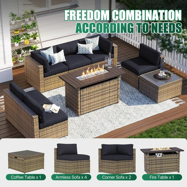 Clouddwell 8 Piece Patio Furniture Set with 44” Fire Pit Table Wicker Rattan Patio Conversation Set Outdoor Sectional Sofa Set with Coffee Table and Black Cushions(Waterproof Cover Included)