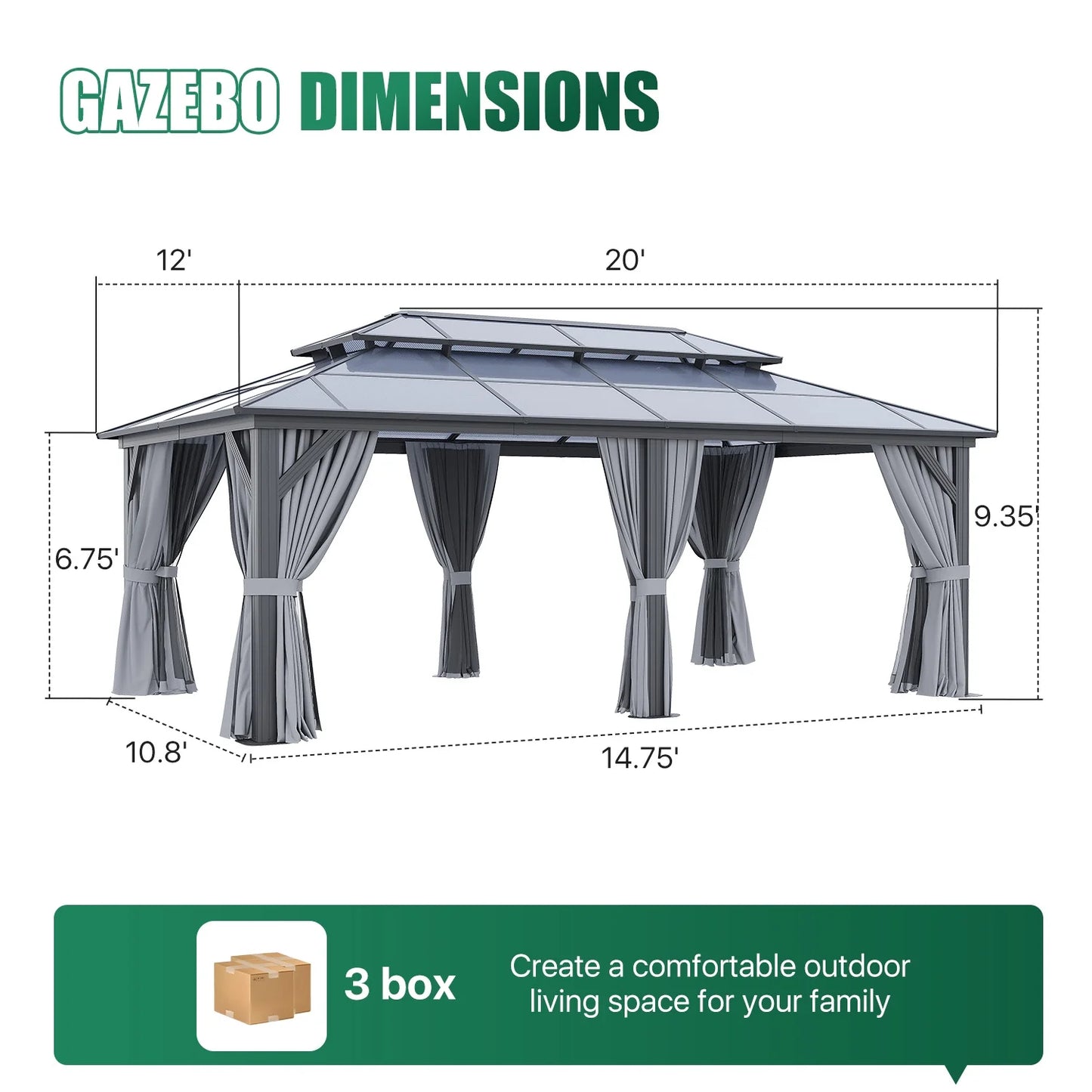 Clouddwell 12'x20' Hardtop Gazebo - Polycarbonate Double Roof with Netting & Curtains for Patio, Garden Sun Protection,Gray