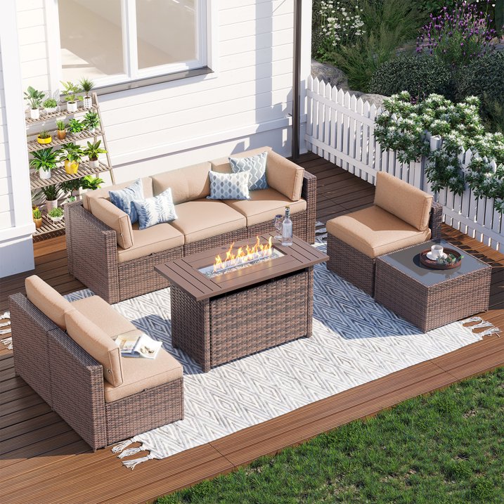 Clouddwell 8 Piece Patio Furniture Set with 44” Fire Pit Table Wicker Rattan Patio Conversation Set Outdoor Sectional Sofa Set with Coffee Table and Blue Cushions(Waterproof Cover Included)