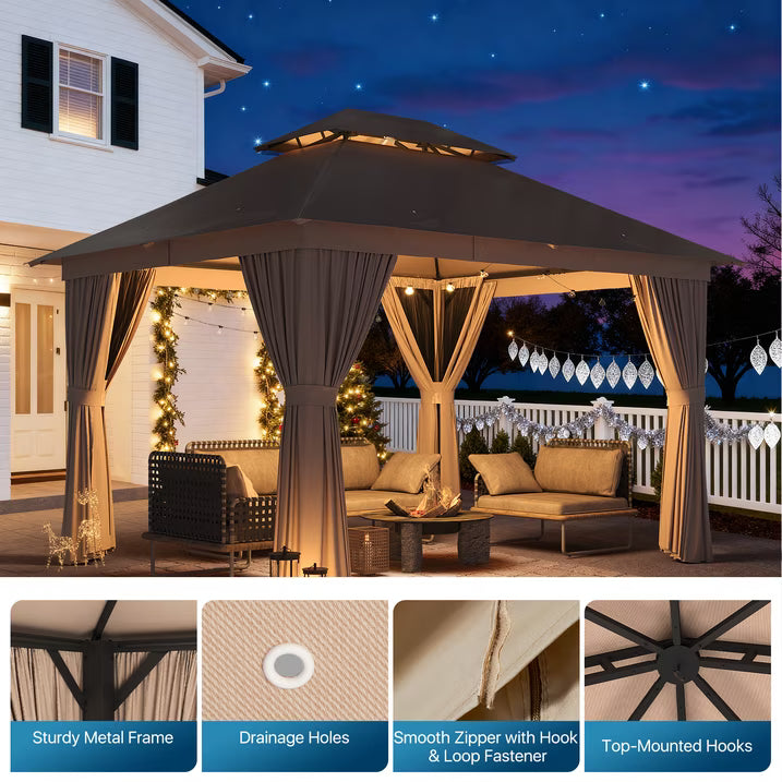 Dateyes 10x12 FT Outdoor Gazebo, Double Roof Patio Shelter with Netting Screens and Privacy Curtains, Heavy-Duty Weatherproof Canopy for Backyard, Deck, and Lawn, Beige