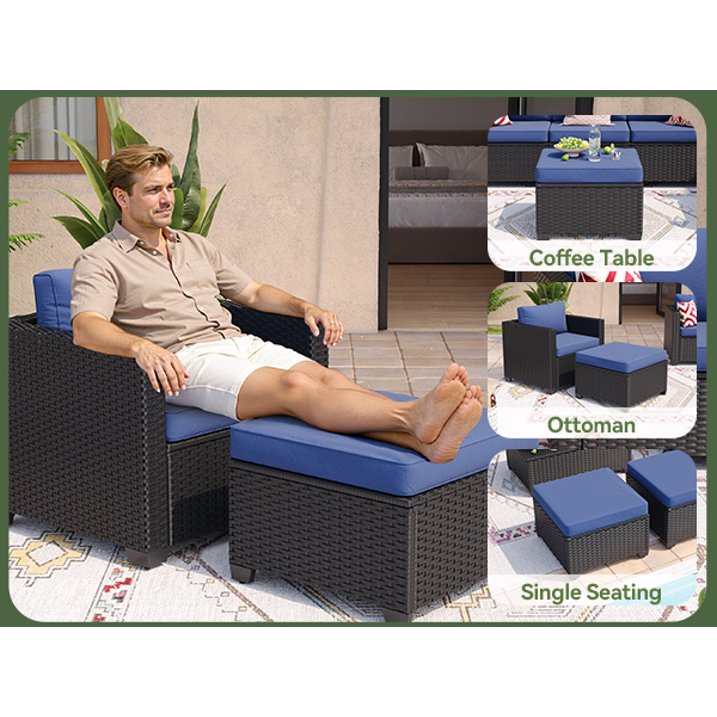 6 Piece Outdoor Wicker Patio Furniture Set, Rattan Sectional Sofa Sets with Navy Blue Cushions