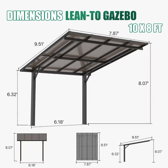 Clouddwell 10' x 8' Gazebo for Patio, Hard Top Lean to Gazebo Pergola Carport, Freestanding Shelter Pergolas and Gazebos Clearance with Patio Roof, Wall-Mounted Heavy Duty Awnings for Patio, Decks