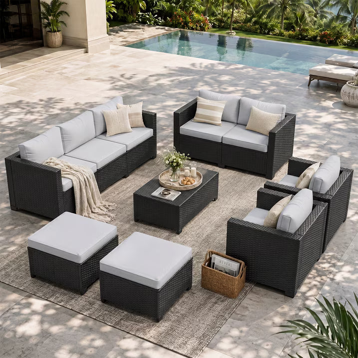 Clouddwell 9 Seats Patio Furniture Set with Storage Coffee Table, All Weather Wicker Outdoor Sectional With Thickened Cushion and Waterproof Cover, Gray