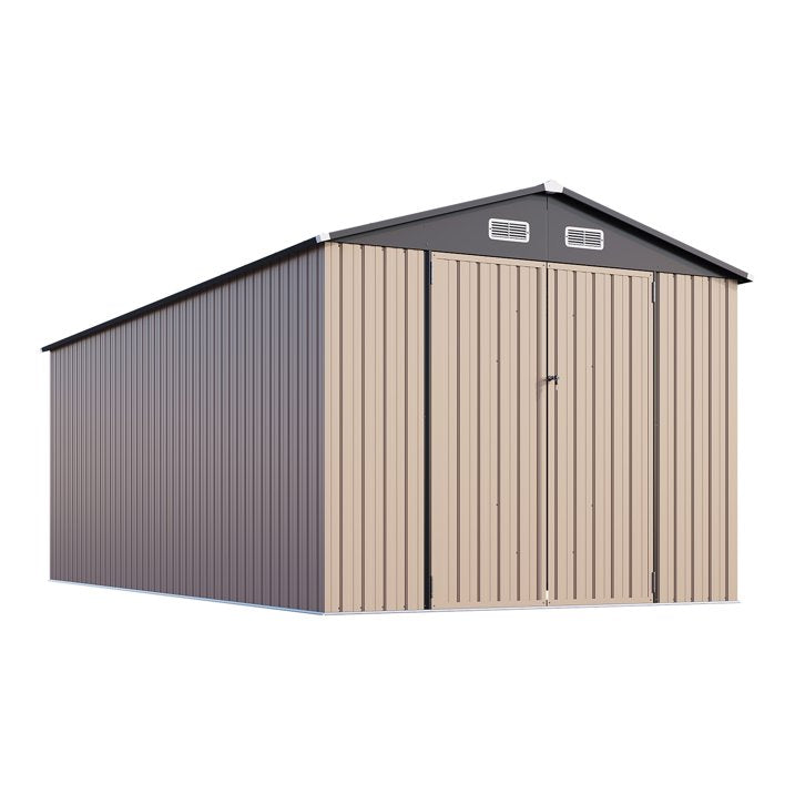 Clouddwell 8 x 15FT Shed Outdoor Storage Shed with Double Hinged Large Door, Large Metal Shed with Lockable Door & Sloped Roof for Garden, Backyard, Patio and Backyard, Brown