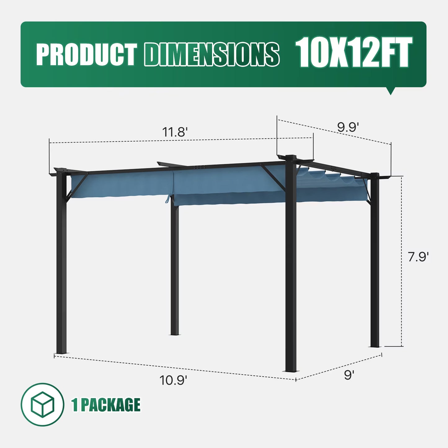 Clouddwell 12x10 ft Outdoor Pergola with Retractable Canopy, Heavy-Duty Metal Frame Patio Pergola for Backyard & Garden, UV Protection Sun Shade, Blue