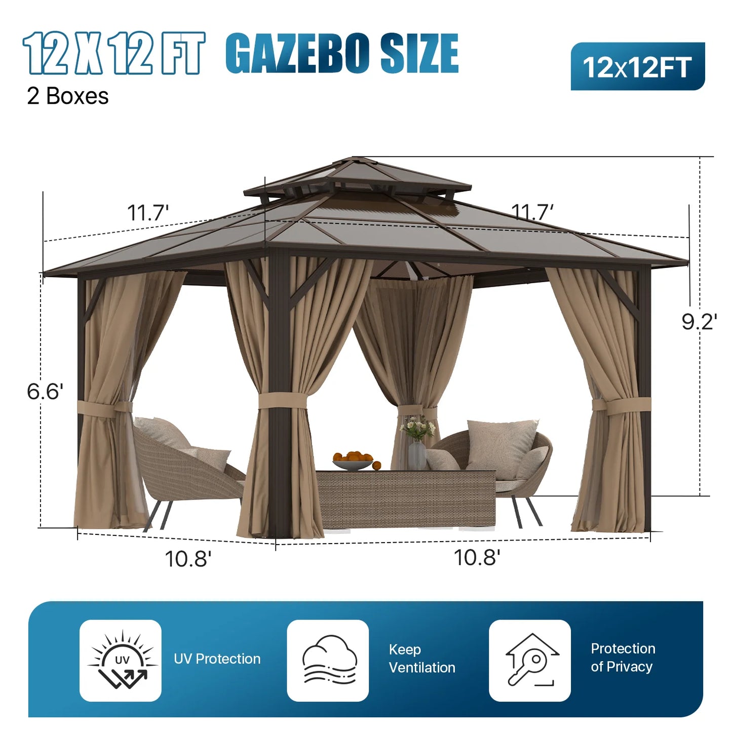 Sunmthink 12' x 12' Hardtop Gazebo,Polycarbonate Double Roof,Aluminum Frame with Curtains and Netting for Patio,Garden,Brown