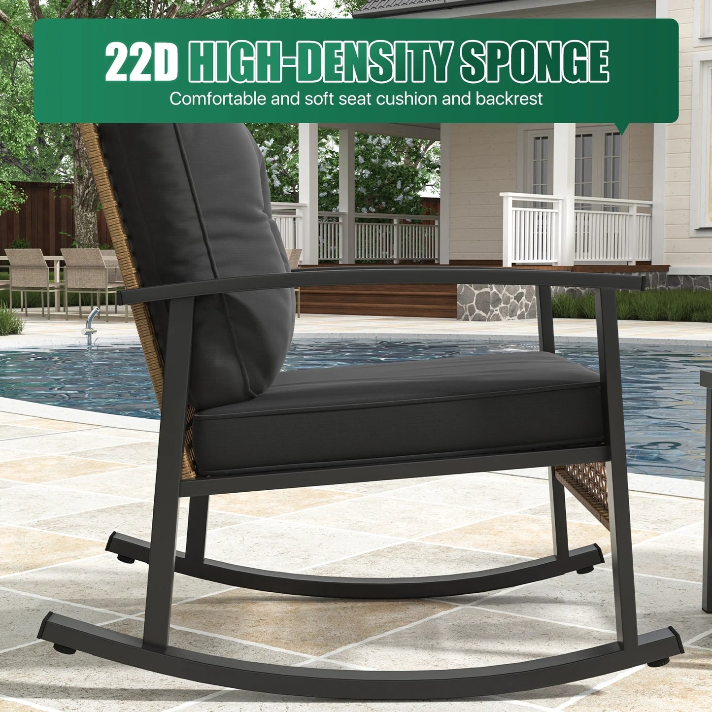 Clouddwell 3-Piece Patio Furniture Set,Steel Rocking Chair with Comfortable Cushions and Coffee Table.for Garden,Yard Black