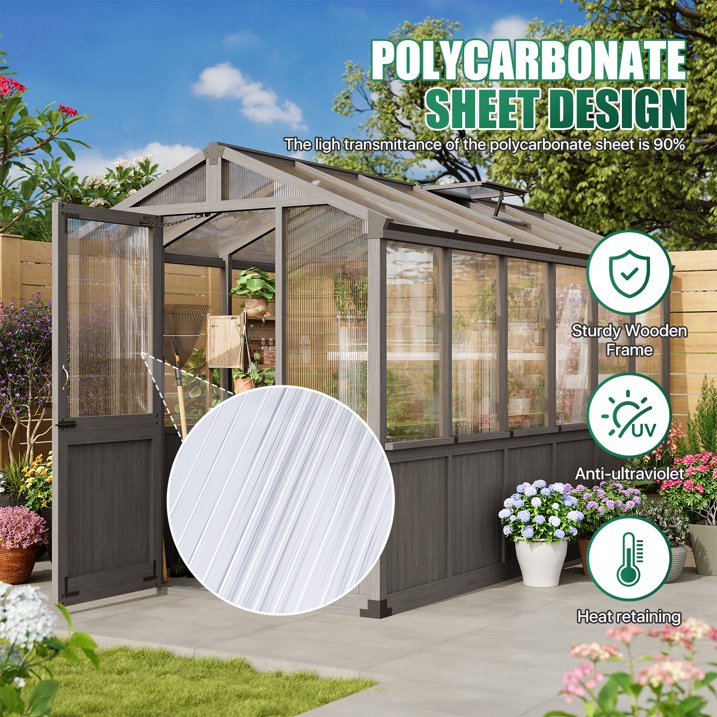 Clouddwell Large Outdoor Wooden Storage Shed, Polycarbonate Panels with Automatic Roof Vent & Lockable Door, Outdoor Walk-in Garden Greenhouse, 6x12 FT, Gray