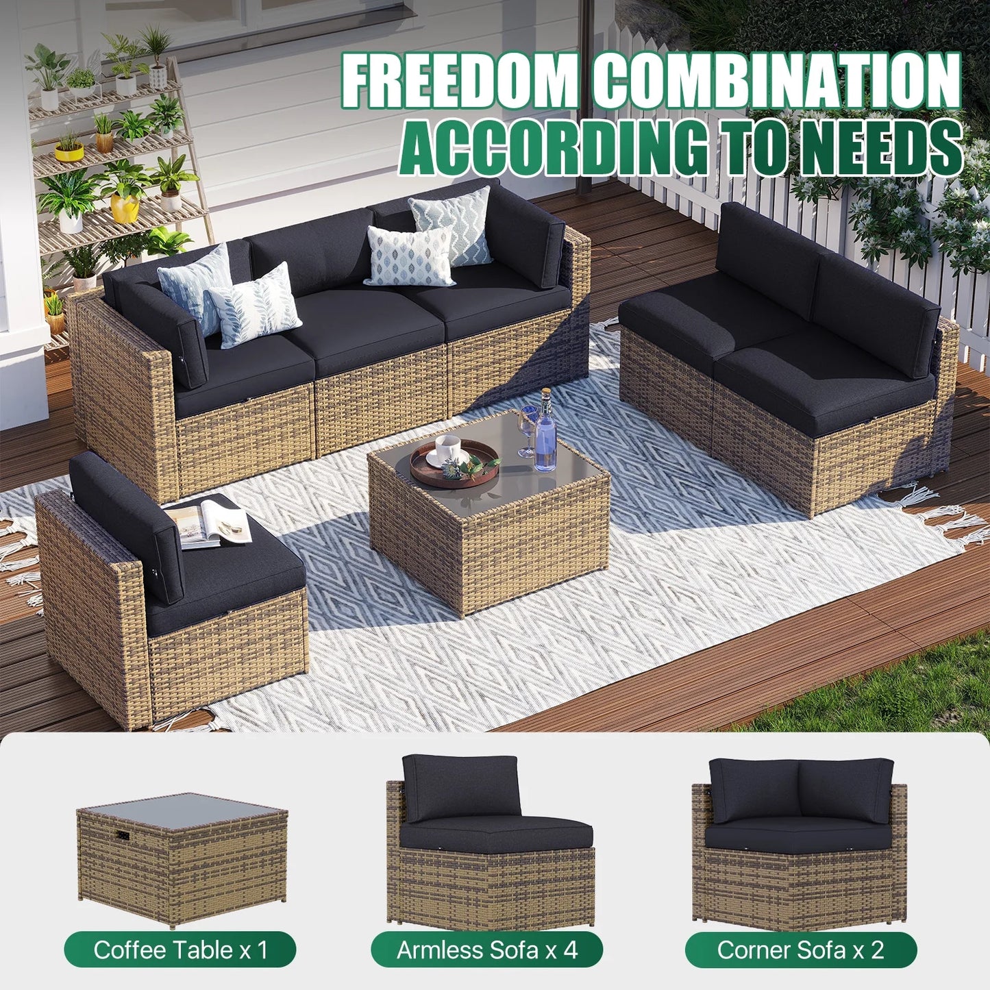 Clouddwell 7 Piece Patio Furniture Set Wicker Rattan Patio Conversation Set Outdoor Sectional Sofa Set with Coffee Table and Black Cushions(Waterproof Cover Included)