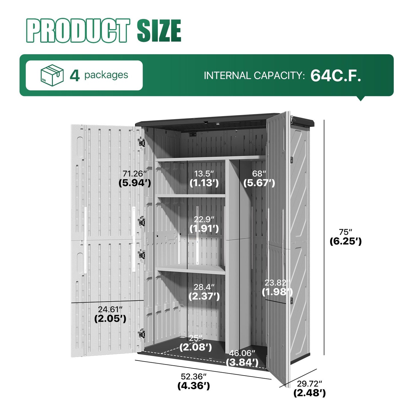 Clouddwell Outdoor Storage Shed, 64 Cu.Ft Vertical Storage Sheds with Shelf, Waterproof Resin Cabinet for Garage Storage, Pool Storage, Bike Shed, Garden Shed, Outdoor Storage(White)