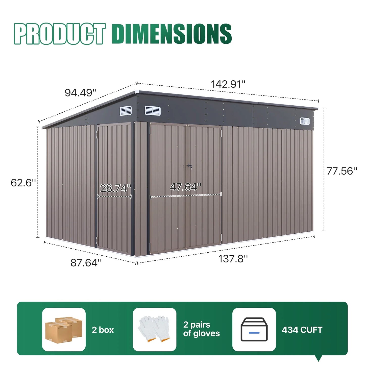 Clouddwell 12ft x 8ft Heavy-Duty Metal Storage Shed with 3 Doors, Lockable Lean-To Design, Weatherproof for Garden & Tools (Brown)