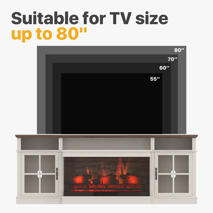 Sonegra 70 inch Fireplace TV Stand for TVs up to 80" with Electric Fireplace, Farmhouse Entertainment Center with LED Lights and Glass Door, Modern TV Consoles for Living Room, White